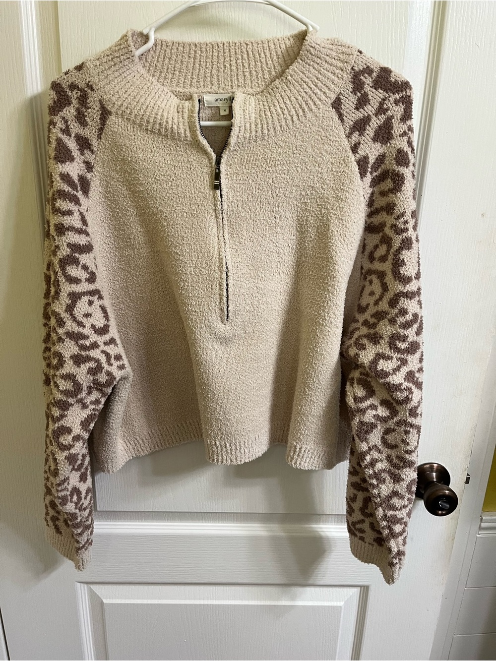 Amaryllis Beige Half-Zip Sweater with Brown Leopard Sleeves